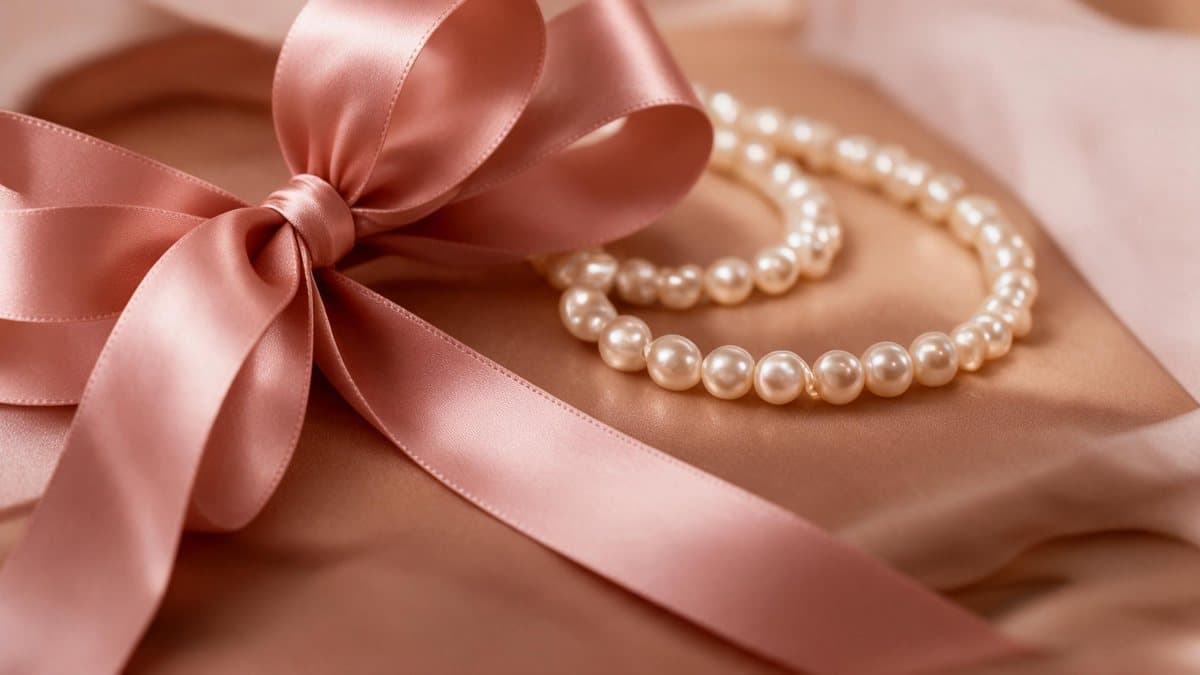 Pearl necklace and pink satin ribbon