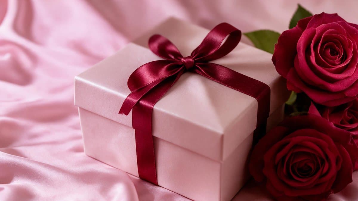 Pink gift box with burgundy ribbon and roses